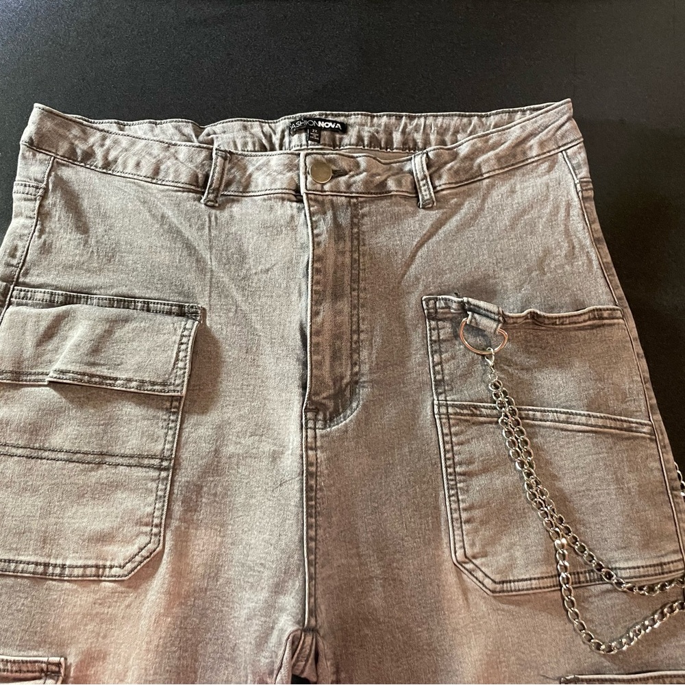 Fashion Nova Gray Cargo Pants with Chain
